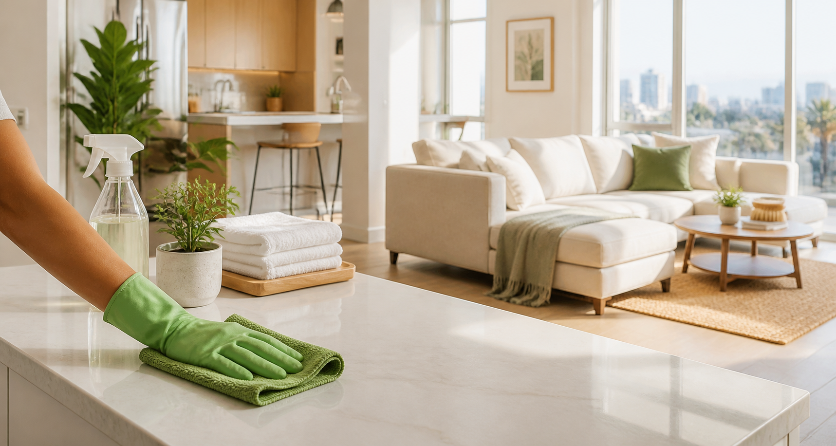 Cleaner wiping a kitchen counter in a bright home